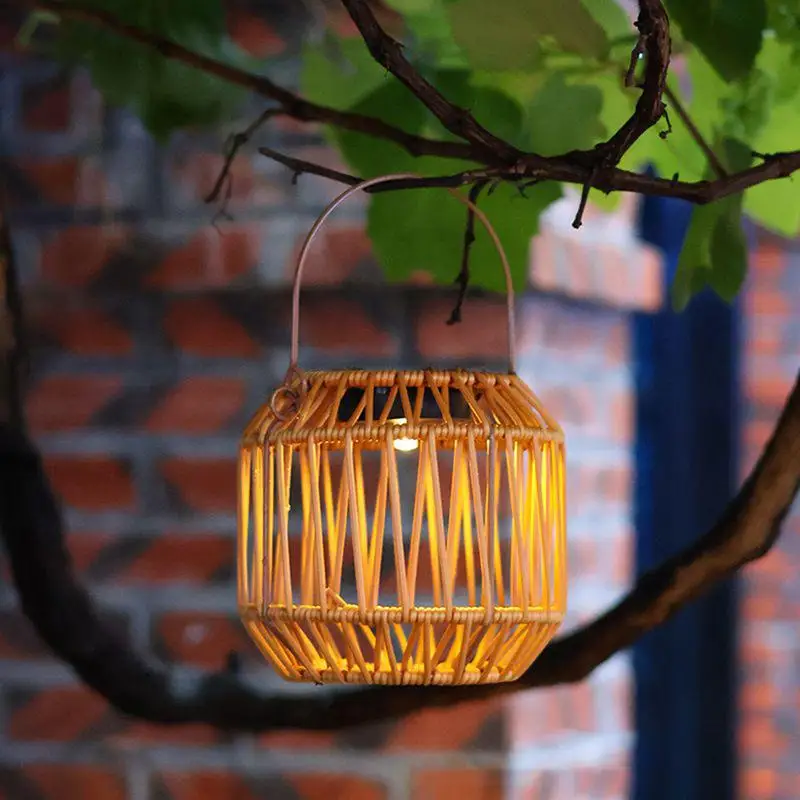 Decorative Solar Lanterns Rattan Woven Handheld Solar Lantern Hangable Light IP65 Waterproof Garden Decoration For Patio Path