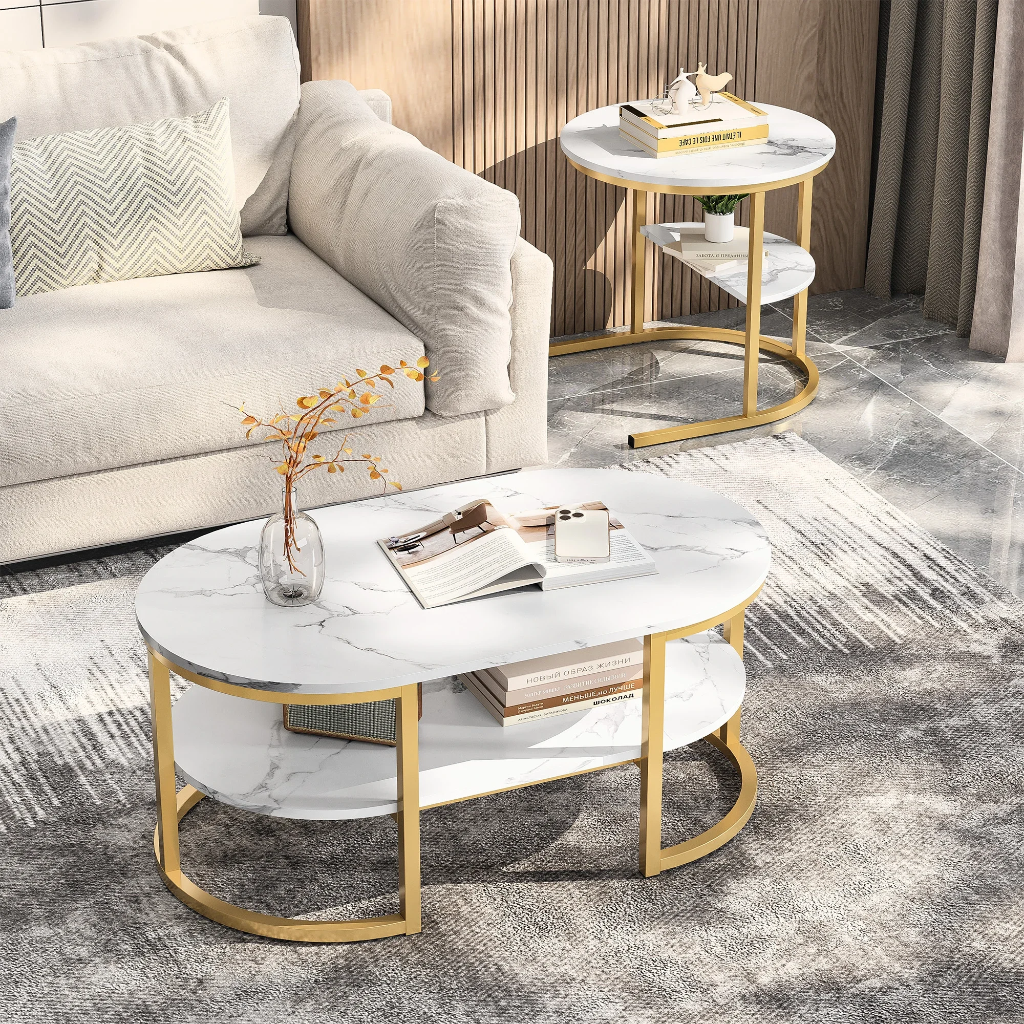 Double Layer Round Tea Table, Height Combined Tea Table, Modern Nesting Coffee Table Set, 2‑in‑1 Separable Living Room End Table, MDF Iron Side Table With Adjustable Footrest, Light Luxury Home