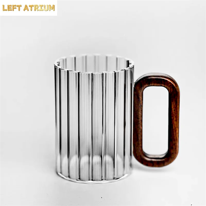 350ml Vertical Stripe High Borosilicate Glass Coffee Mug With Walnut Wooden Handle Heat-Resistant Tea Mug Milk Coffee Cup