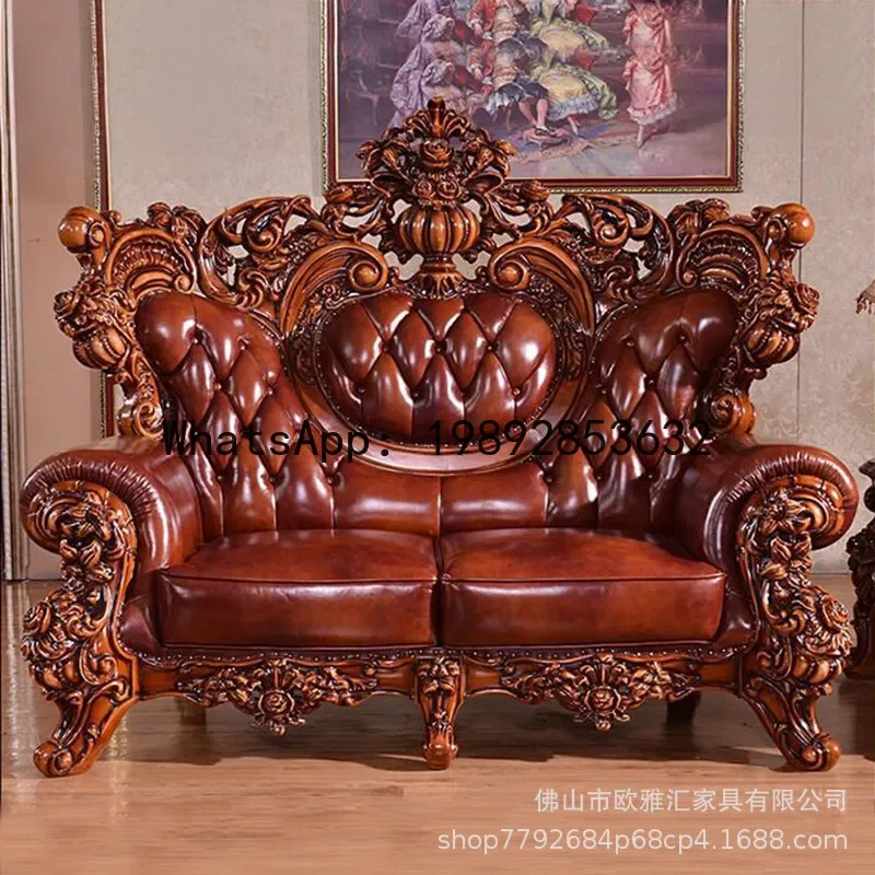 4-10 first-layer cowhide luxurious elegant sofa living room furniture complete set of solid wood carved sofa