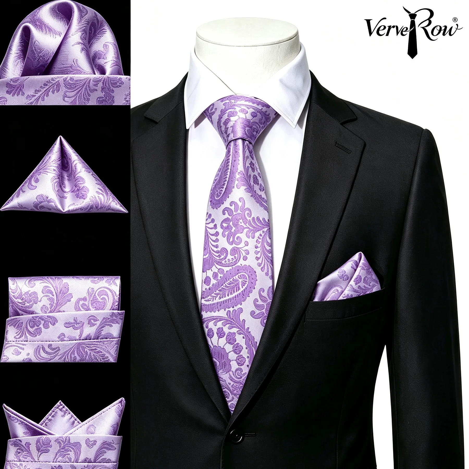 VERVEROW Soft Tone Floral Paisley Necktie with Matching Pocket Square Men Formal Tie Handkerchief for Party Office Events