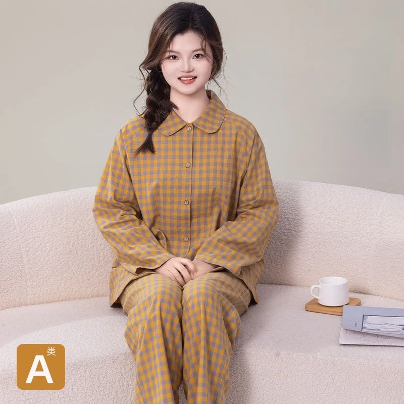 Women's 100% A-Class Cotton Pajama Set Ultra Soft Infant Grade Peter Pan Collar Plaid Sleepwear Loose Home Wear Autumn Spring