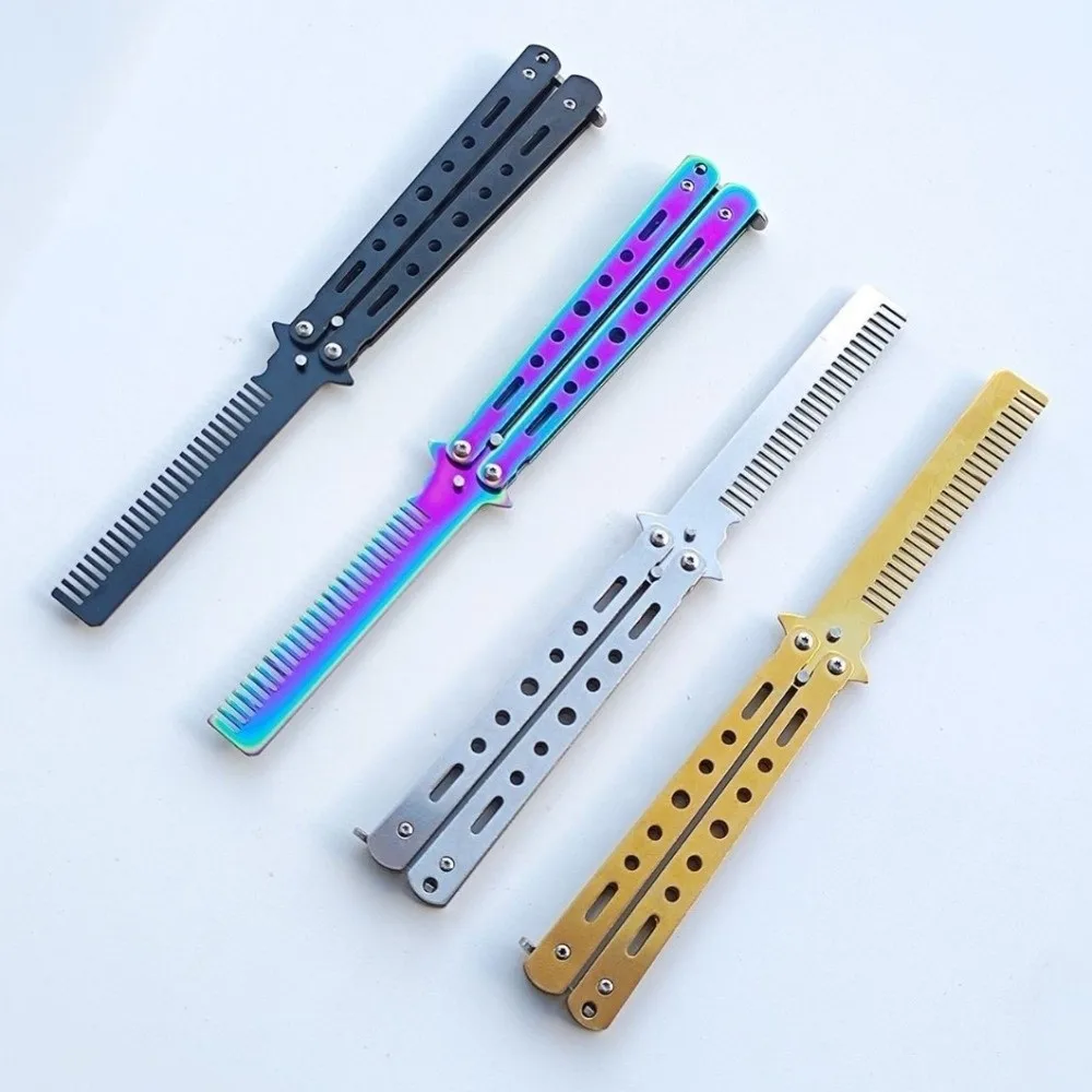 New Stainless Steel Butterfly Knife Comb Foldable Dual Function Beard Comb with Buckle Solid Color Hairdressing Comb Photo Props