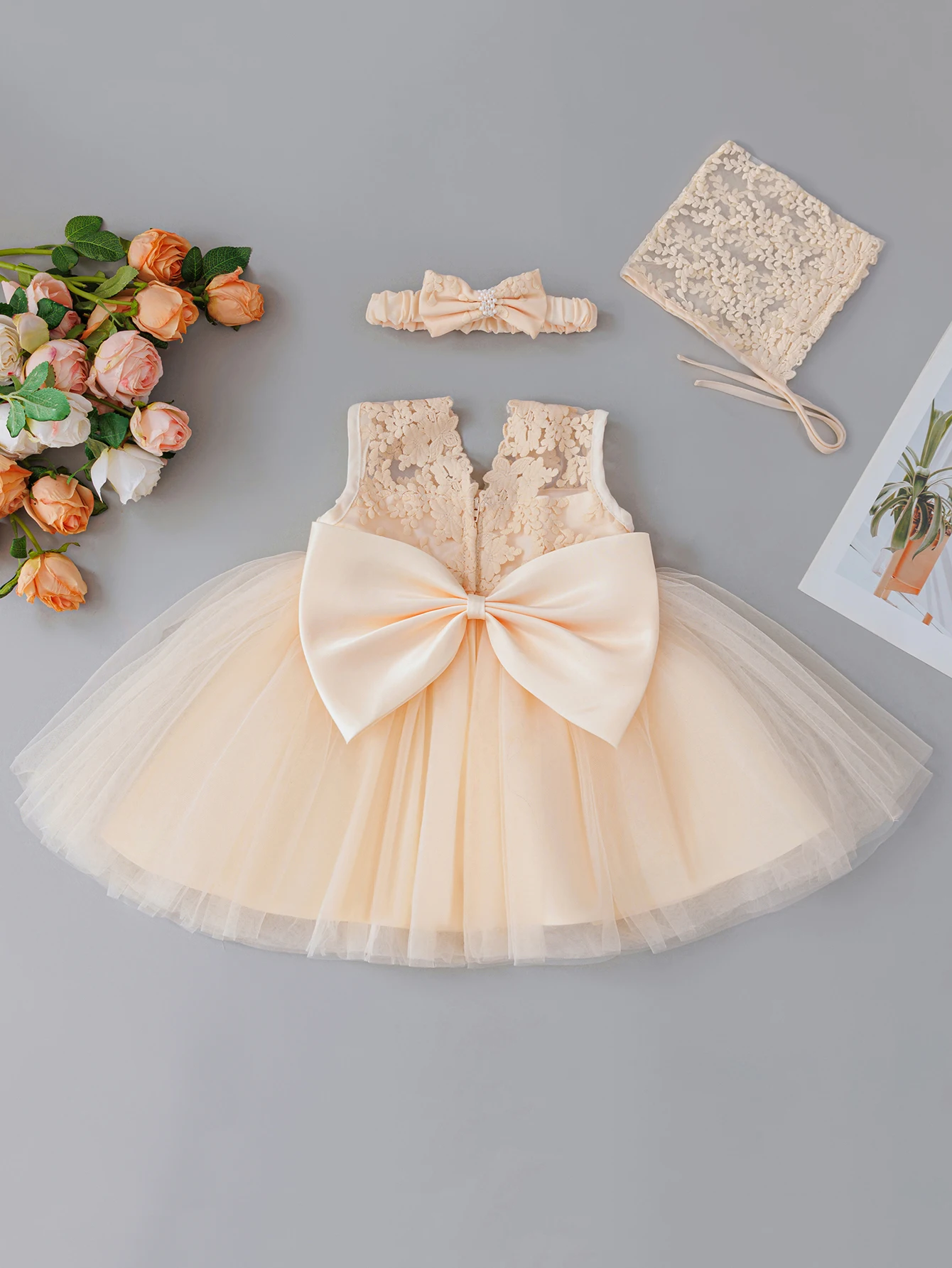 Puffy Gauze Champagne Color Dress Set 3-24 Months Baby Girl Birthday Party Wedding Dress 2026 Girl's Outfit