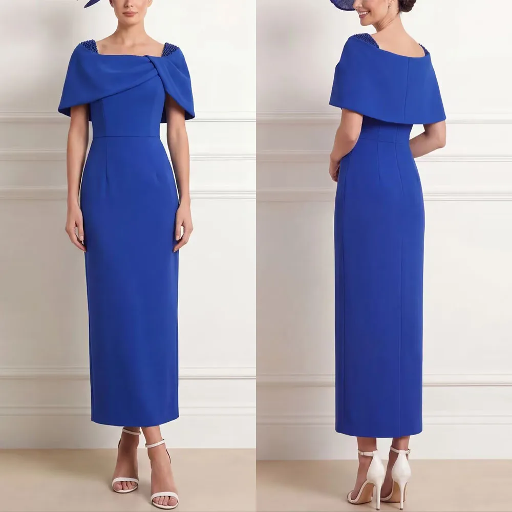 

High Quality Customized Square Collar Ankle Length Blue Short Sleeves Straight Woman Robe Pour Mariage Invité Vestidos De Gala