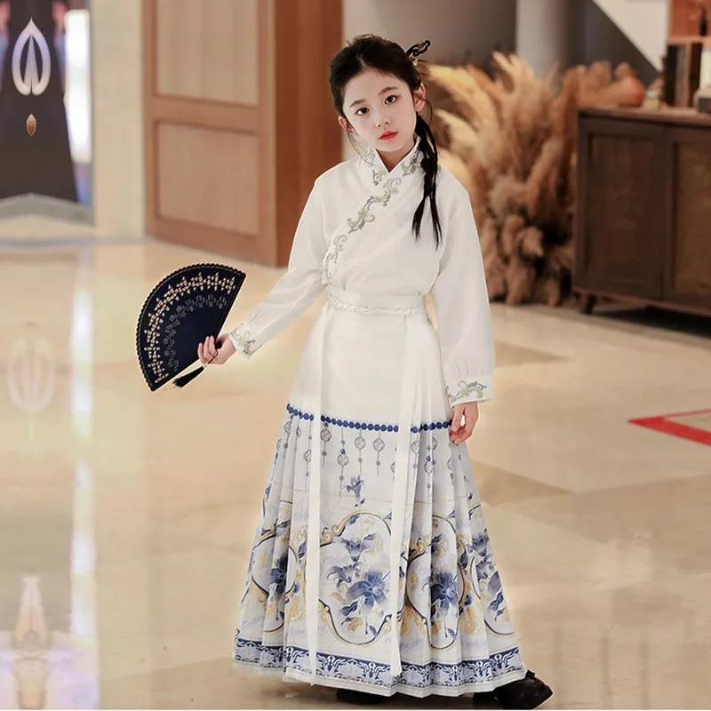 

Original Woven Gold 2024 New Chinese Horse Face Skirt Girls Daily Hanfu Traditional Costume Cosplay Kids Halloween Costume