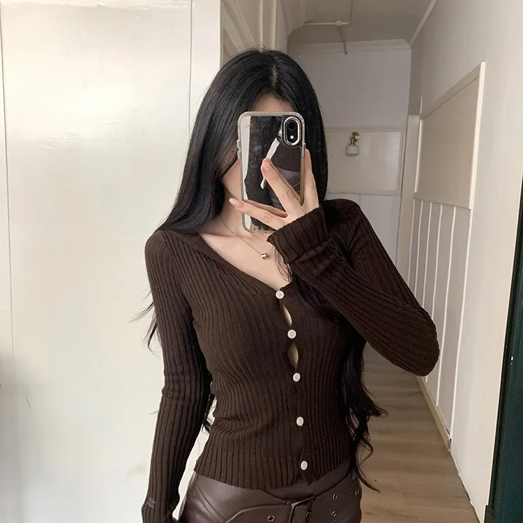 

Sexy ort Knitted V-Ne Hoodie Cardigan Women's Autumn Wear Slim Fit Warmth Outerwear Casual Sle Korean Series