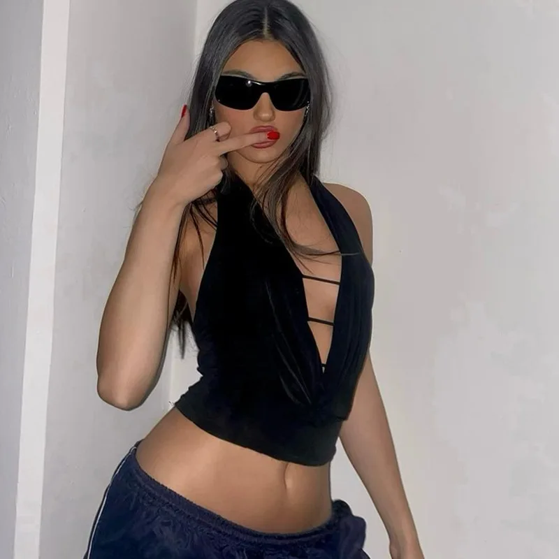 Summer Y2K Sexy Deep V-neck Halter Top Sleeveless Hollow out Women Crop Bandage Clubwear Night Outfit 2026 Trend