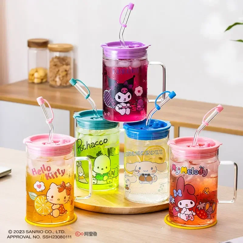 

Hello Kitty Anime Kawaii Kuromi MINISO Glass Large Capacity Printed Sippy Cup Cute Handle Drinking Water Cup Gifts for Kids