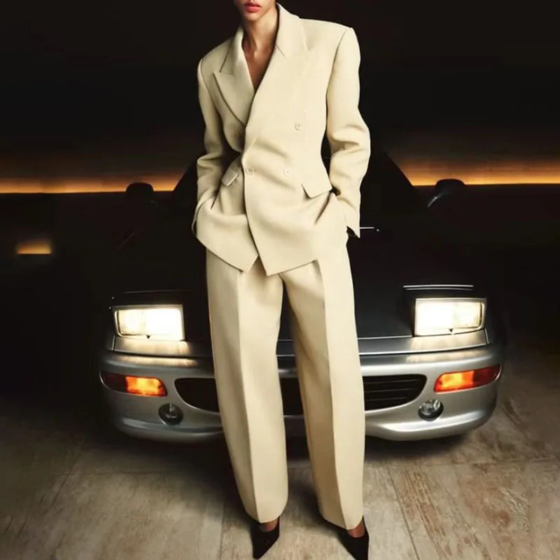 

Женский пиджак с отложным воротником и приталенным силуэтом, двубортный жакет, премиальный костюм + брюки с широкими штанинами, 2026, Новинка, Y2K