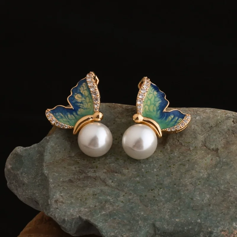 

Trendy Handpainted Enamel Butterfly Stud Earrings Niche Design Light Luxury Cubic Zircon Butterfly Brooch Necklace Accessories