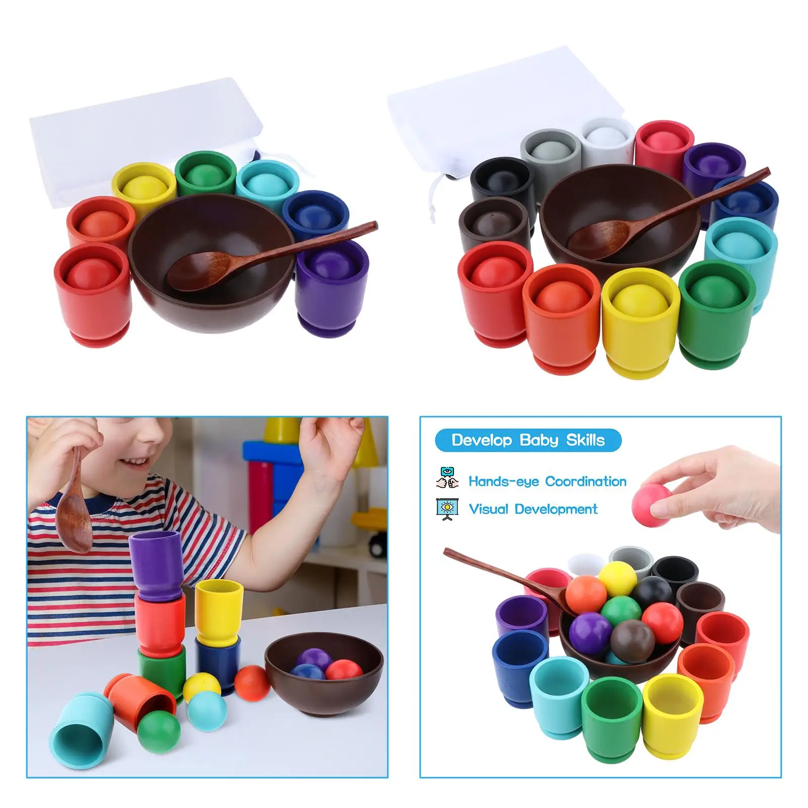 Rainbow Balls in Cups Montessori Toy Wooden Sorter Game Color Sorting and Counting Preschool Learning Education