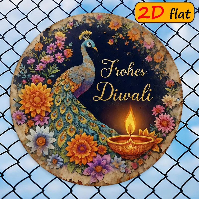 CIFBUY Retro Happy Diwali Peacock Floral Aluminum Wall Art Waterproof Wearproof Home Bar Cafe Yard Room Decor Gift