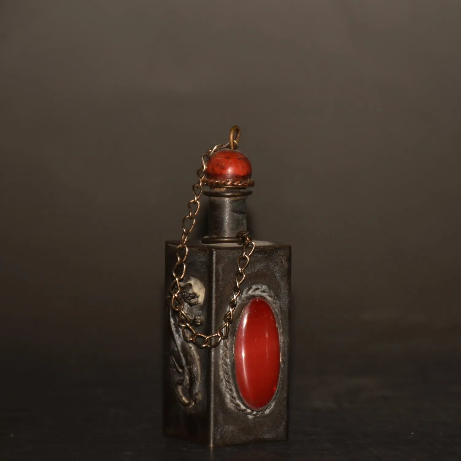 Antique Old Brass Carved Ruby Snuff Bottle