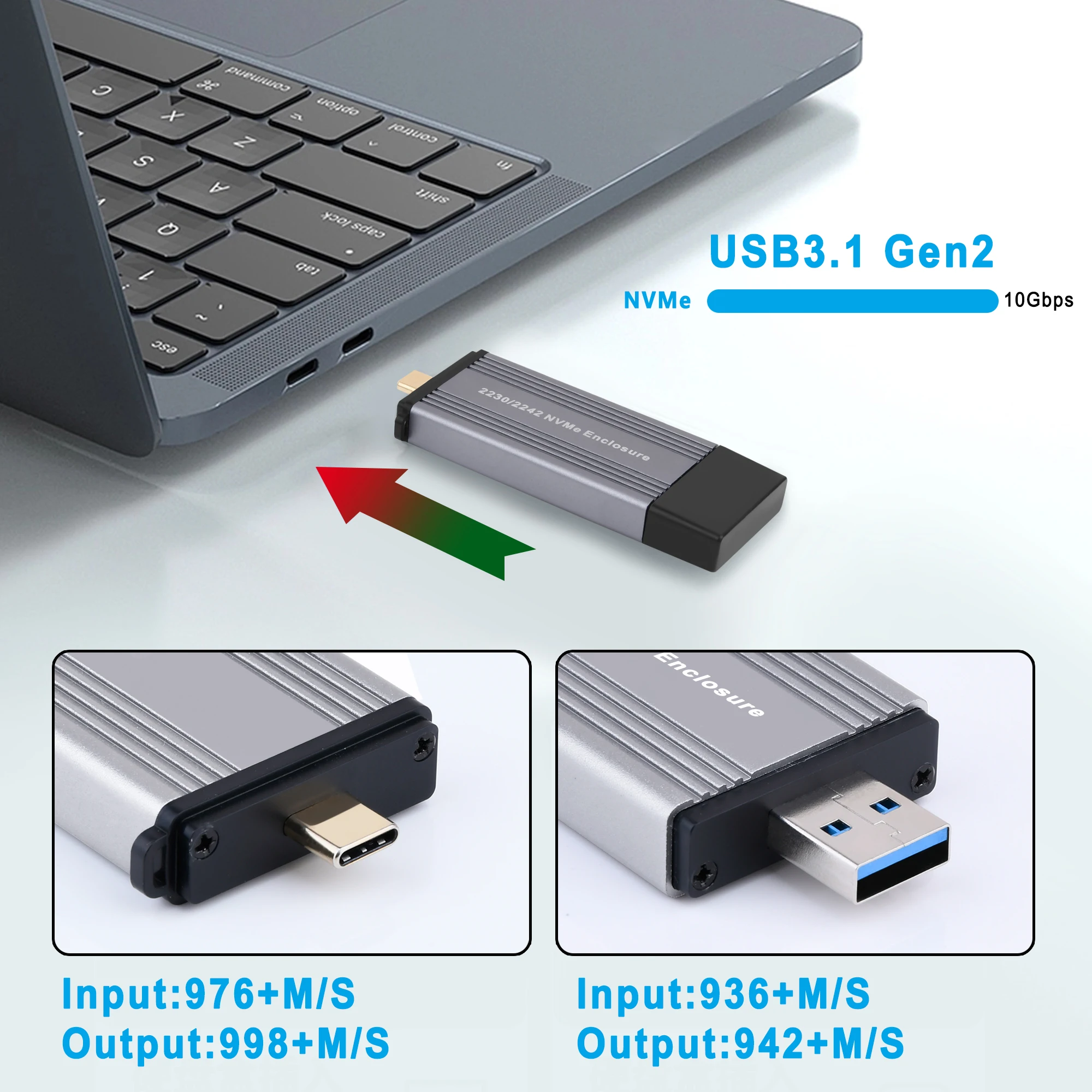 Carcasa de aluminio NVME para SSD externo, carcasa M.2 A USB 3,1 Gen 2, 10gbps, tipo A + tipo C, para clave M/M + B, 2230, 2242