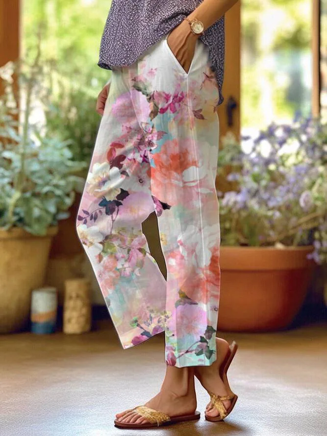 2025 Summer Women's New Casual Pants Fashionable Printed Pocket Stretch Waist Beach Vacation Style Trousers Women's Casual Pants
