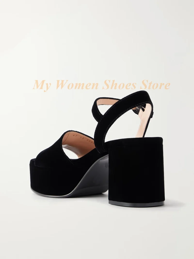 Chunky Heel Suede Platform Sandals Women Solid Black Open Toe Ankle Buckle Strap 2026 New Arrivals Fashion Dress Shoes Handmade view 3