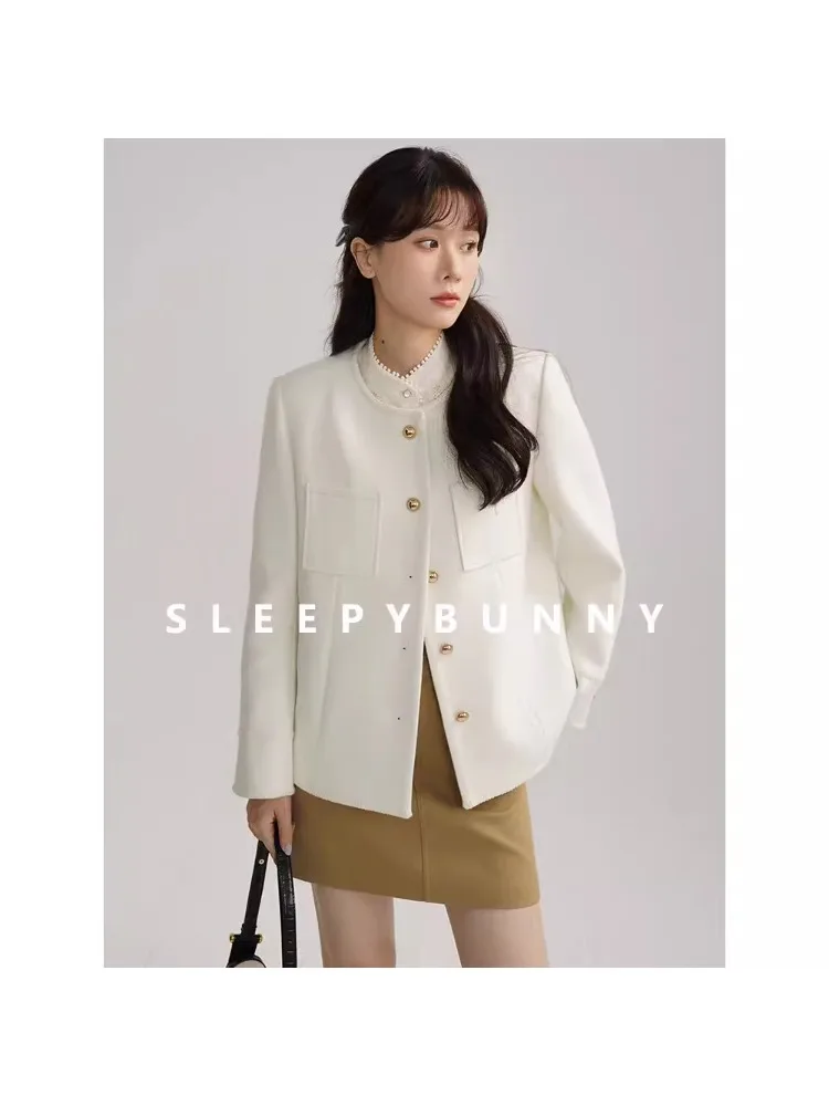 Elegant Tweed Blazer Women Autumn Round Neck Office Coat Gold Buttons Vintage Chic Short Jacket High-End Lady Style Daily Look