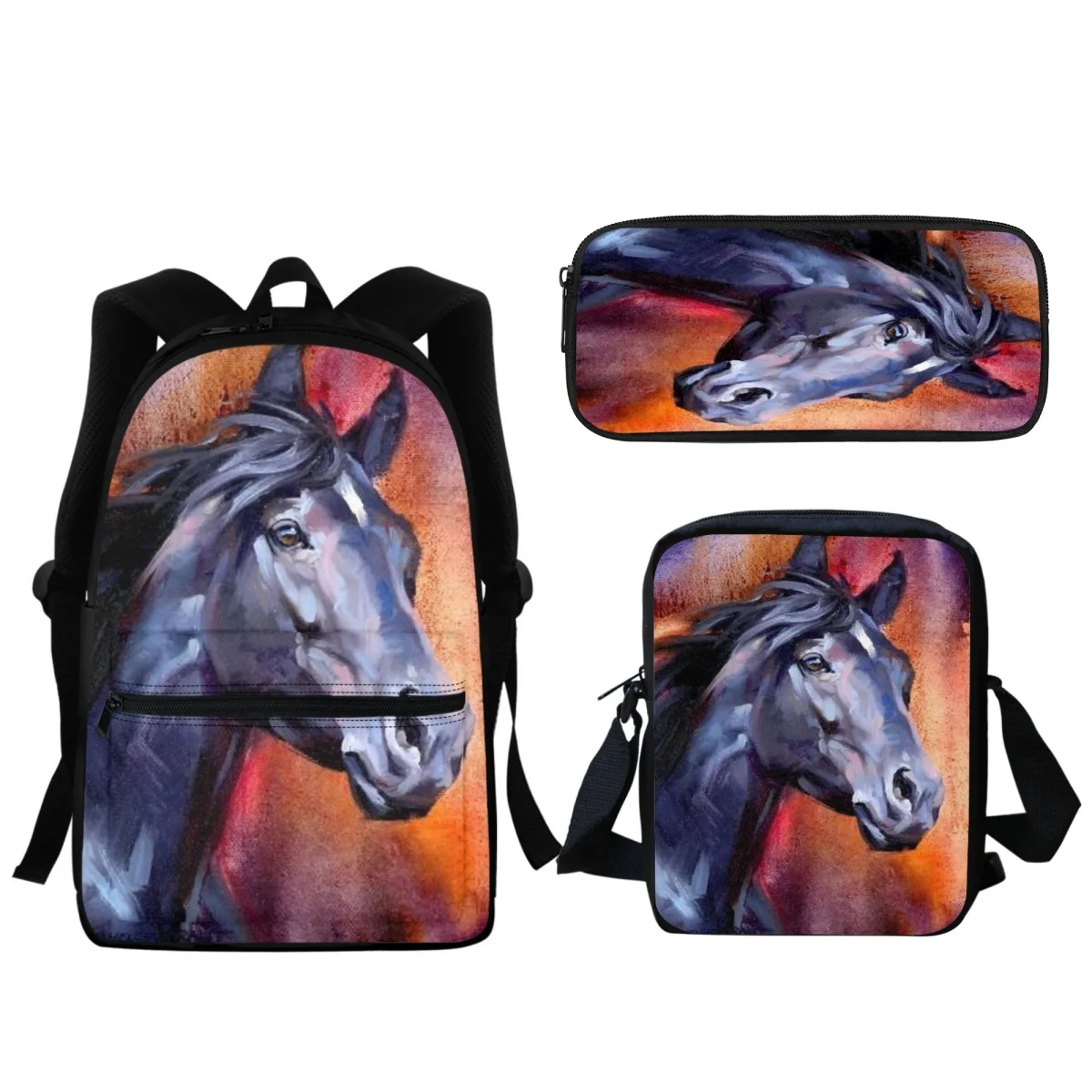 

3Pc Oil Painting Horse Pattern Student SchoolBags Boys Girls Fashion Backpack Kids Kindergarten School Bag Small Lunch Satchel