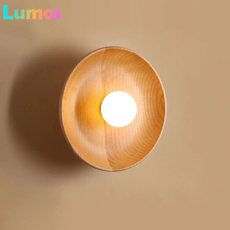 

Soft Style Nature Wood Wall Lamp Black Wood Round Plastic Ball Lampshade G9 Bulb Sconce Lighting LED Modern Corridor Decor Light