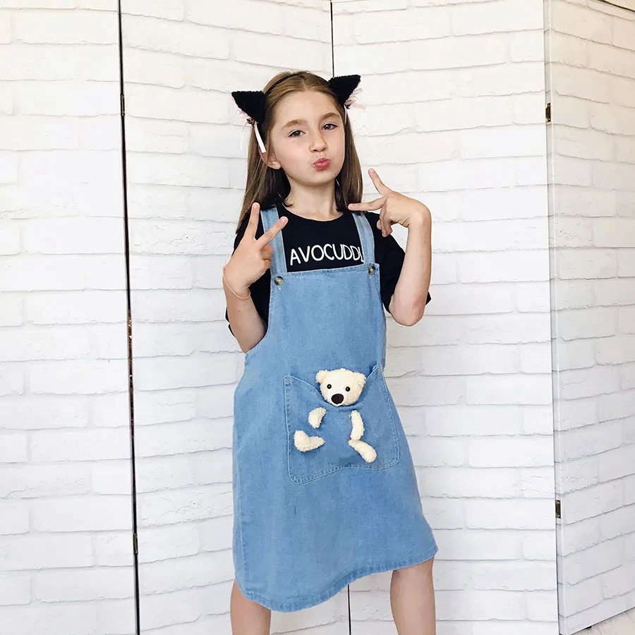 2023 Girl Denim Suspender Skirt with Teddy Bear Summer Children Clothes Kids Pink Skirt for Girls Jeans Overalls 2-10Y