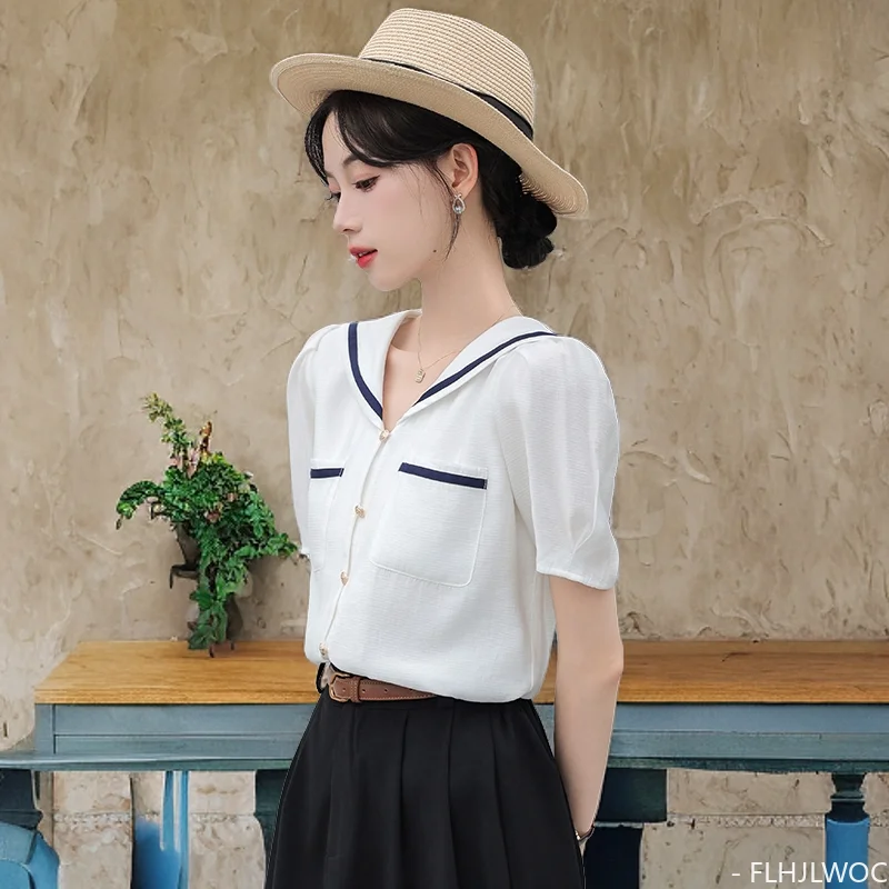 Cute Peter Pan Collar Tops Blouses New 2024 Summer Sweet Girls Preppy Style Solid Pockets White Button Shirts