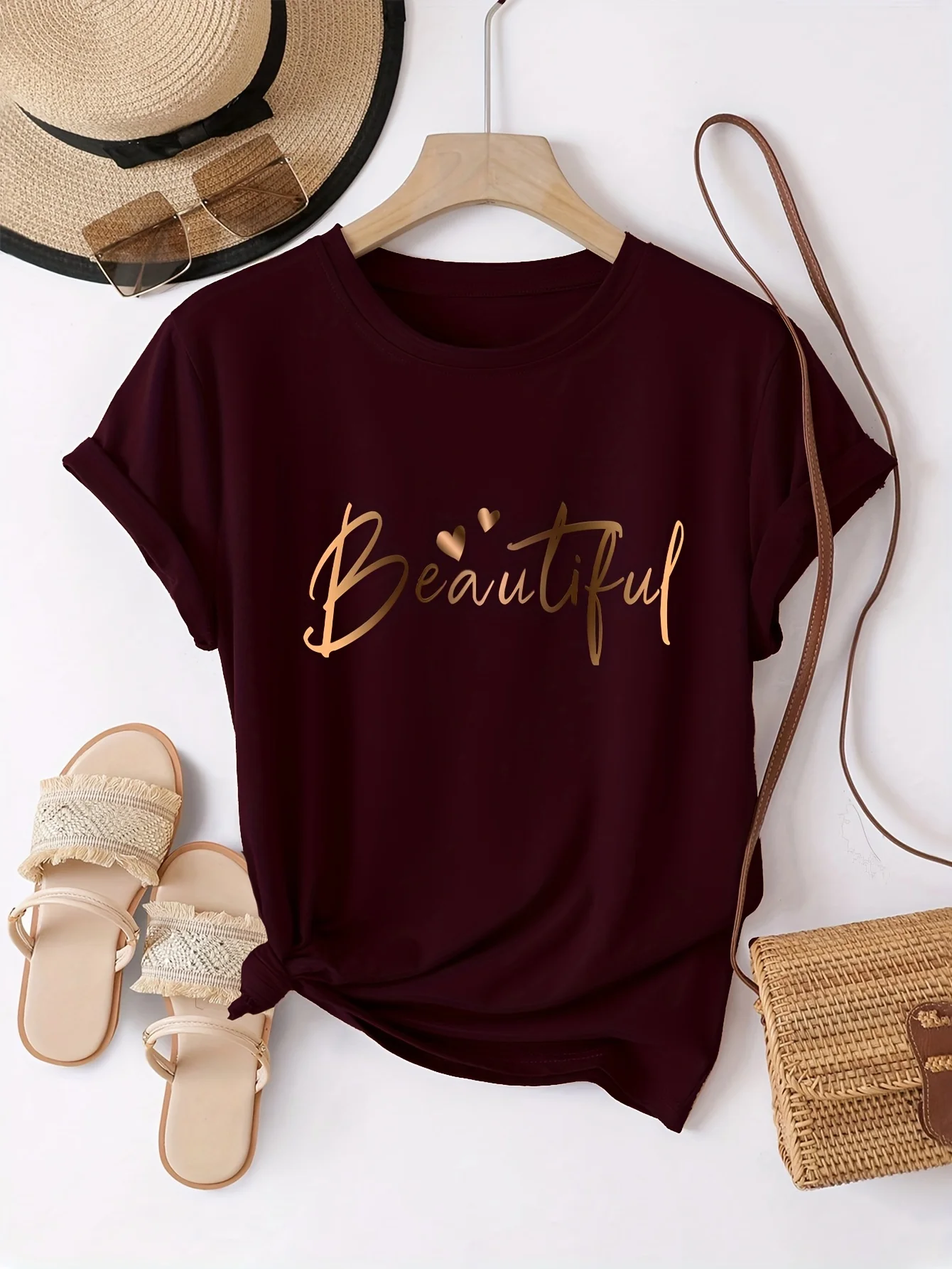 Beautiful Gold Script Women's Tee - Casual Burgundy Graphic Top