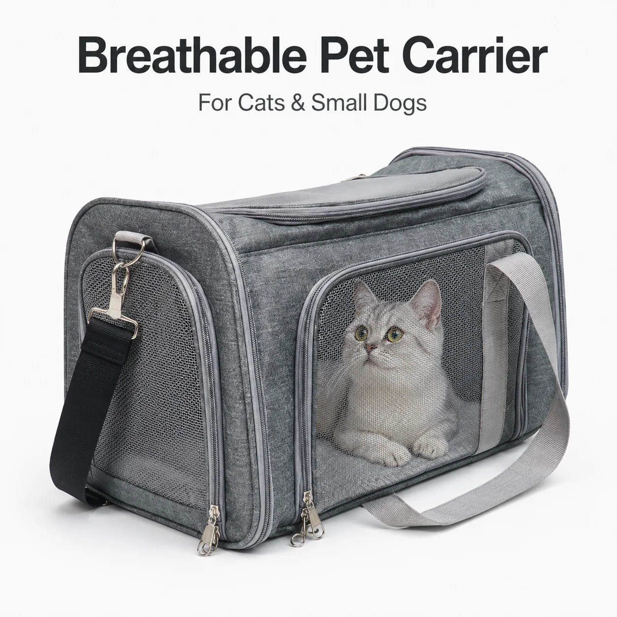 Soft-Sided Cat Carrier for Vet Visits and Car Travel, Breathable Pet Bag with Multiple Openings, Reinforced Base, Luggage Strap