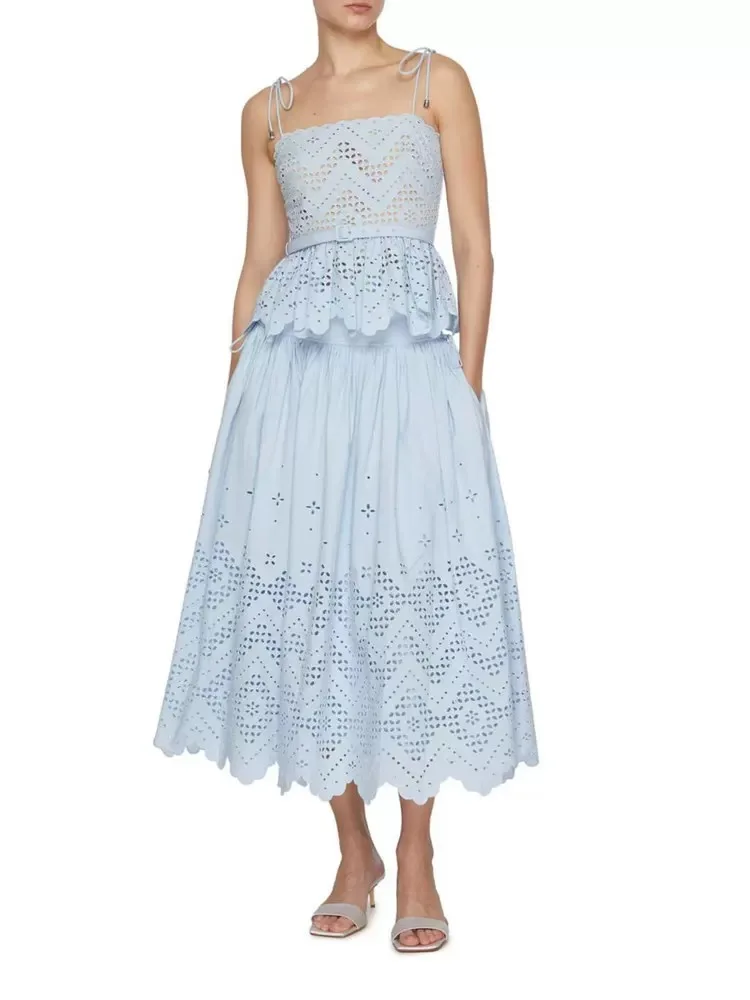 Women Hollow embroidery fashion set Ruffled camisole top with belt + high waist midi skirt