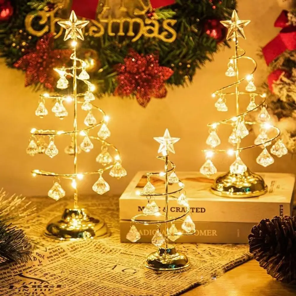 Golden Crystal Christmas Spiral Tree Light Colorful Silver Xmas Decorations Table Lamp Warm White Light Metal Stand