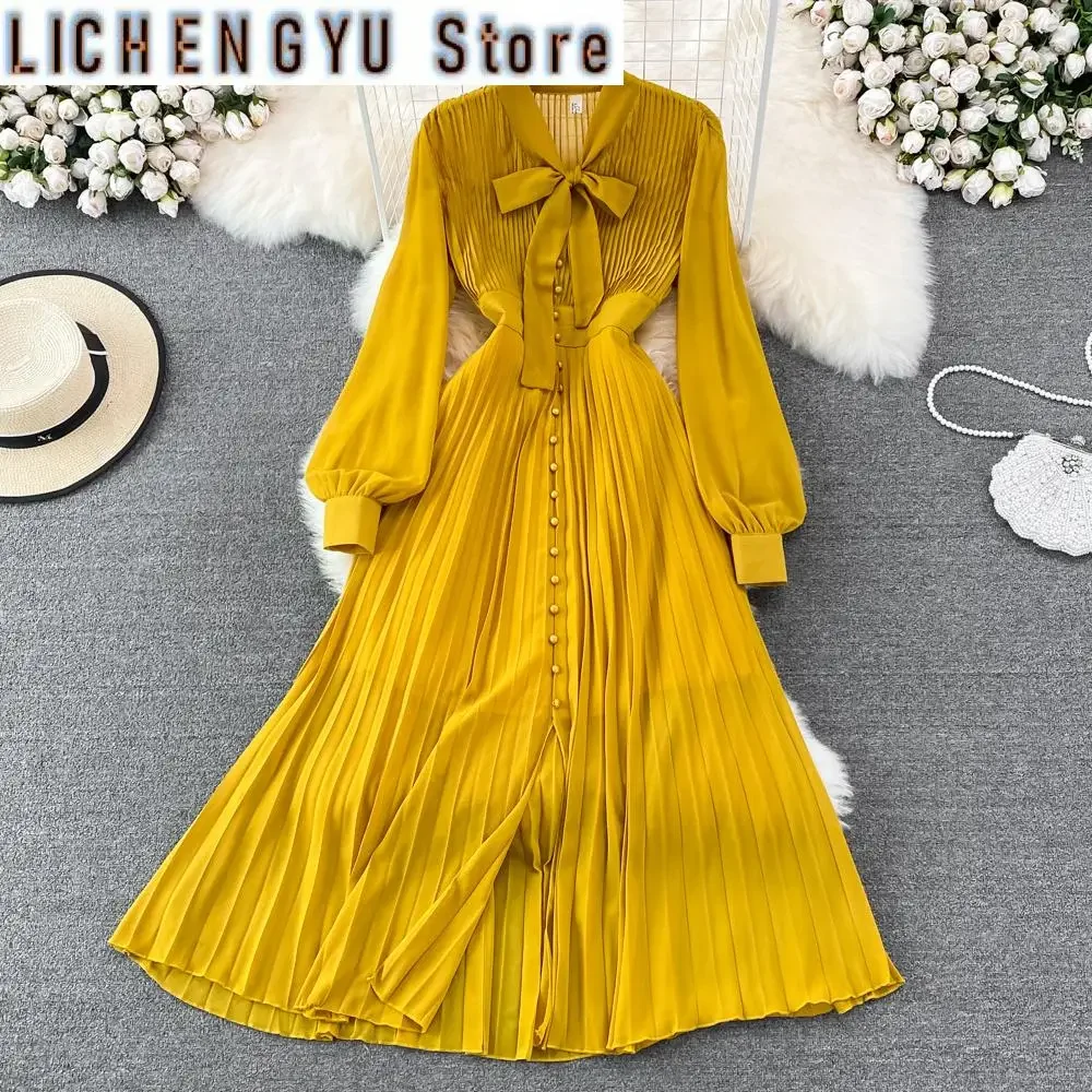 Sweet Style Vestidos Summer New Women's Dress Single-breasted Pleated A-line Solid Color High Waist Dresses