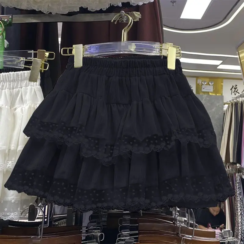 New 2026 Women's Mini Skirt with Lining, Exquisite Lace Trim, Layered Design, Puffy Cake Skirt for Summer Daily Streetwear