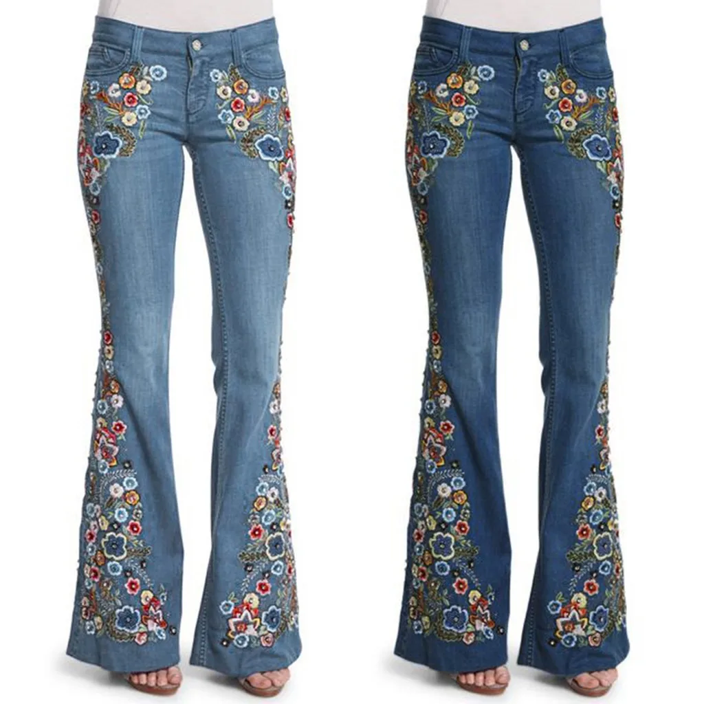 Damesjeans Bloem Geborduurde Damesbroek Slim Fit Hoge Taille Match Top Lange Jeans Vintage Bell-bottom Damesbroek Blauw