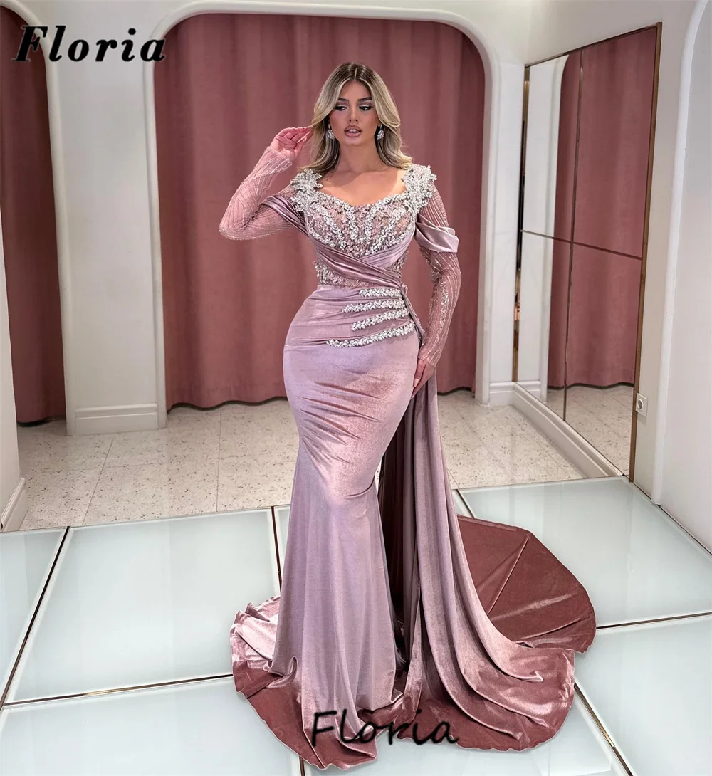 

Luxury Velvet Pink Long Sleeves Prom Dresses Middle East Beading Crystals Women Evening Dress Vestidos De Gala Party Night Dress