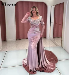 Luxury Velvet Pink Long Sleeves Prom Dresses Middle East Beading Crystals Women Evening Dress Vestidos De Gala Party Night Dress