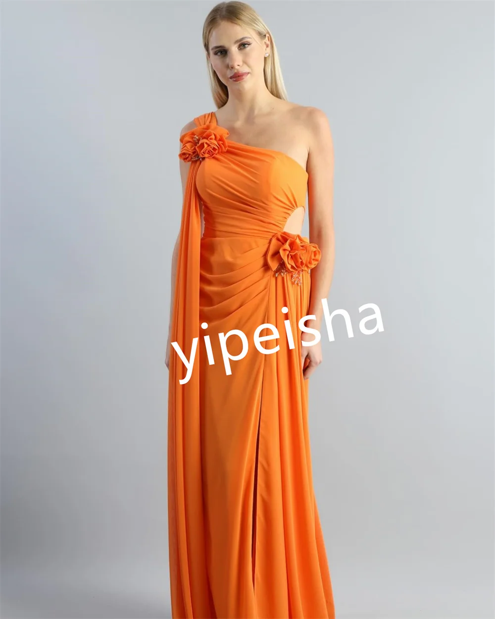 Customized High Quality Chiffon Handmade Flower Pleat A-line One-shoulder Long Dresses Prom  Elegant Modern Style Sparkle Matchi