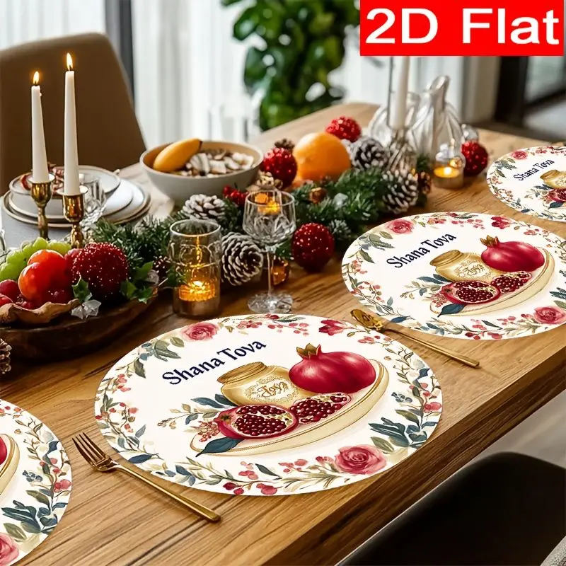 VIKAMA 2/4/6Pcs Round Linen Placemats Pomegranate Floral Honey Jar Print Table Mats Jewish Holiday Dining Home Decor