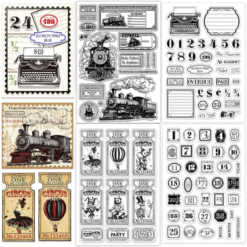 

4 листа, 4 стиля, винтажные поезда, прозрачные штампы, билеты, прозрачные марки, этикетки, силиконовые прозрачные штампы, уплотнения для DIY