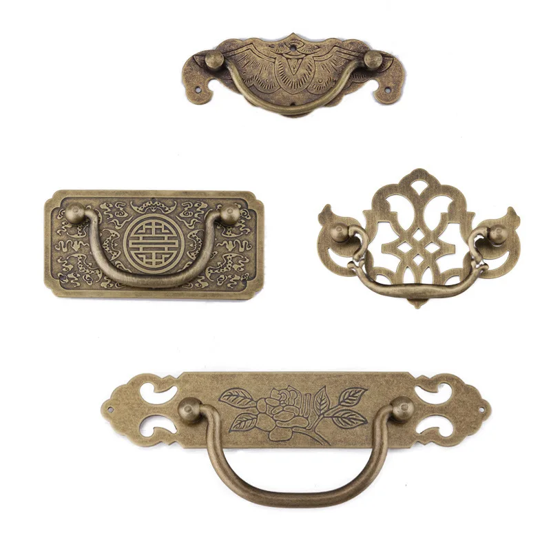 Chinese Style Brass Cabinet Closet Wardrobe Door Handle Pure Copper Kitchen Drawers Pulls Handle Antique Furniture Hardware