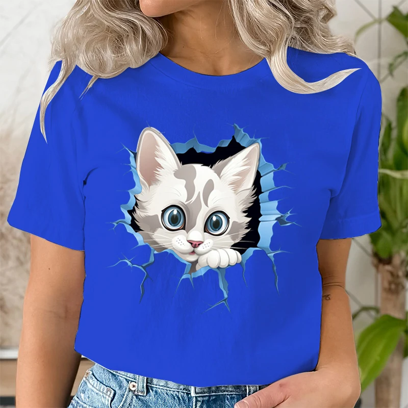 Fashion Woman T-shirts Kawaii Cartoon Cat Looking Through Wall Gifts Short Sleeve T-shirt Cute Cat Peeking Women Classic Tops