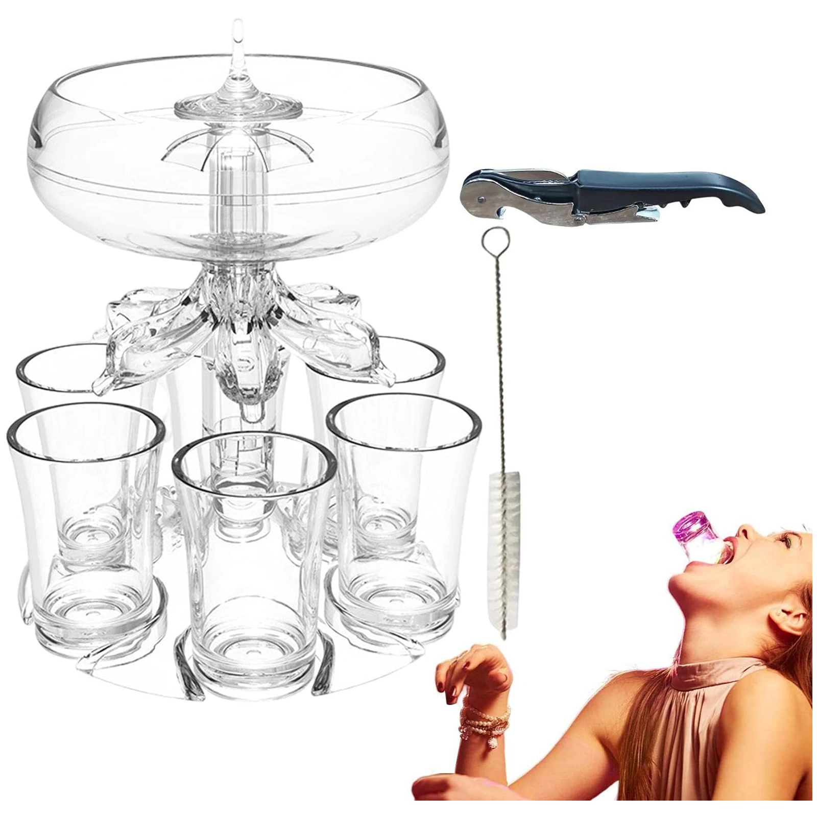 Drink Shot Dispenser, Shot Dispenser with Glasses, 6 Shot Glass Dispenser and Holder, Acrylic Touchless Shot Pourer for Beverage
