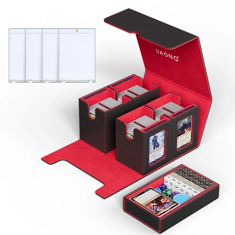 Trading Card Storage Box with Display Window,Holds 400+ Double-Sleeved Cards with Dice Tray & Magnetic Holders for TCG Card