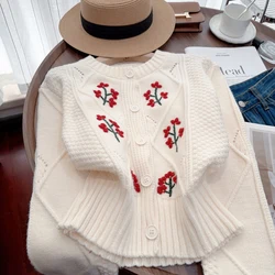 Bomon Autumn/Winter 2024 Vintage Embroidery Solid Color crew neck Sweater Women's Jacquard Loose short Long sleeve knit cardigan