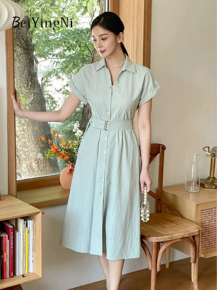 

Beiyingni Women's Shirt Dress Korean Summer French Buttons Short Sleeve A-line Midi Dresses for Ladies Elegant Sashes Chic Robes