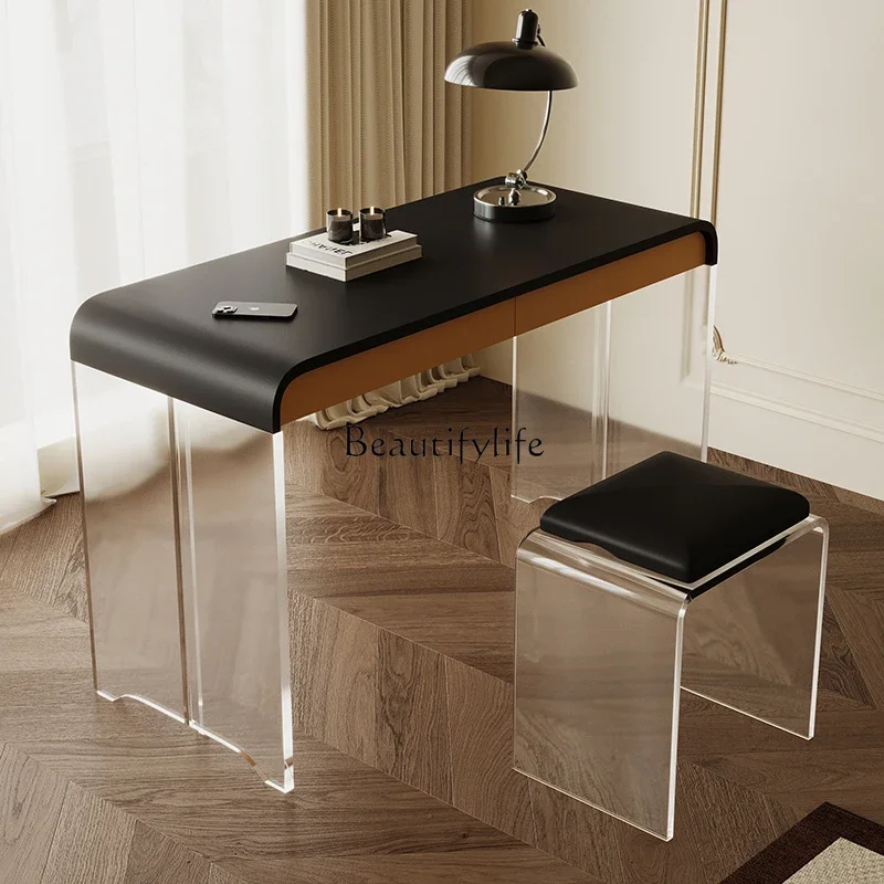 

yj9 Acrylic Desk with Floating Feel, Black Saddle Leather Finish, Cream Style, Home Office Computer Desk
