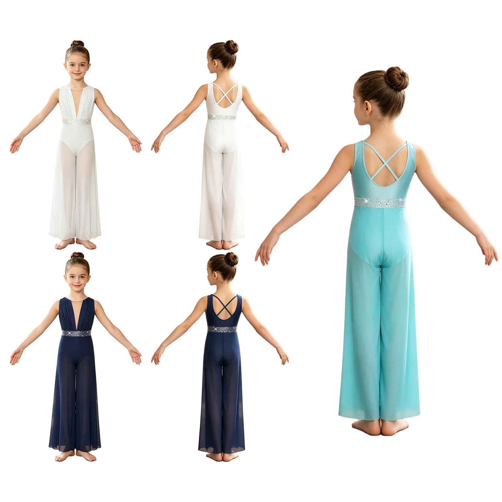 Kinder Mädchen Zeitgenössisches Ballett Lyrisches Tanzkostüm Unitard mit Strassbesetztem Oberteil und Transparenter Weitbeiniger Netzstoffhose – Detail 3