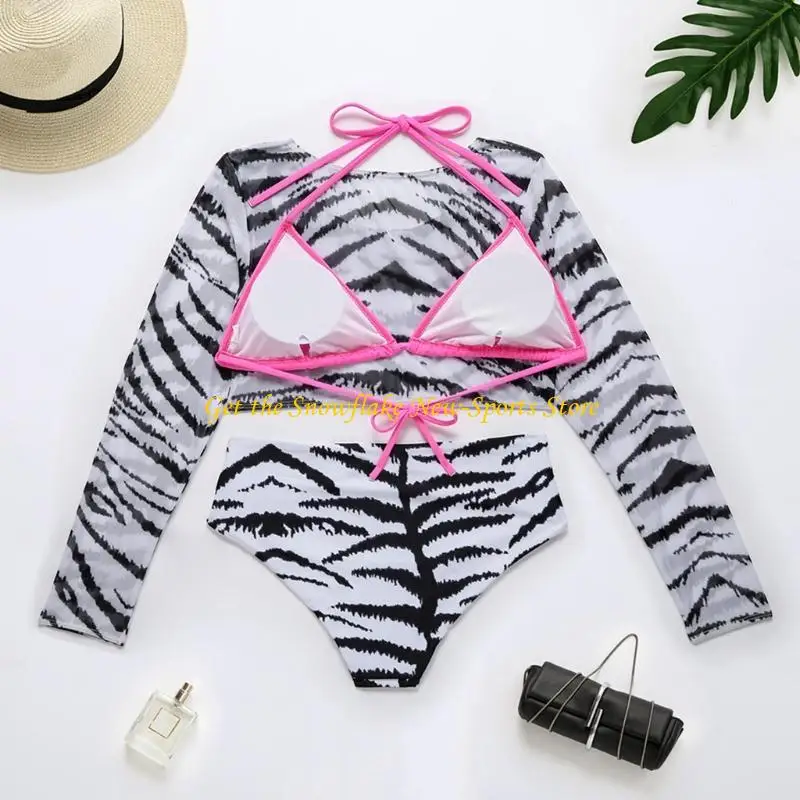E56D 여성 섹시한 3pcs 비키니 세트 홀터 브래지어 하이 웨이스트 통 수영복 메쉬 긴 소매 자르기 탑 커버 Boho Striped