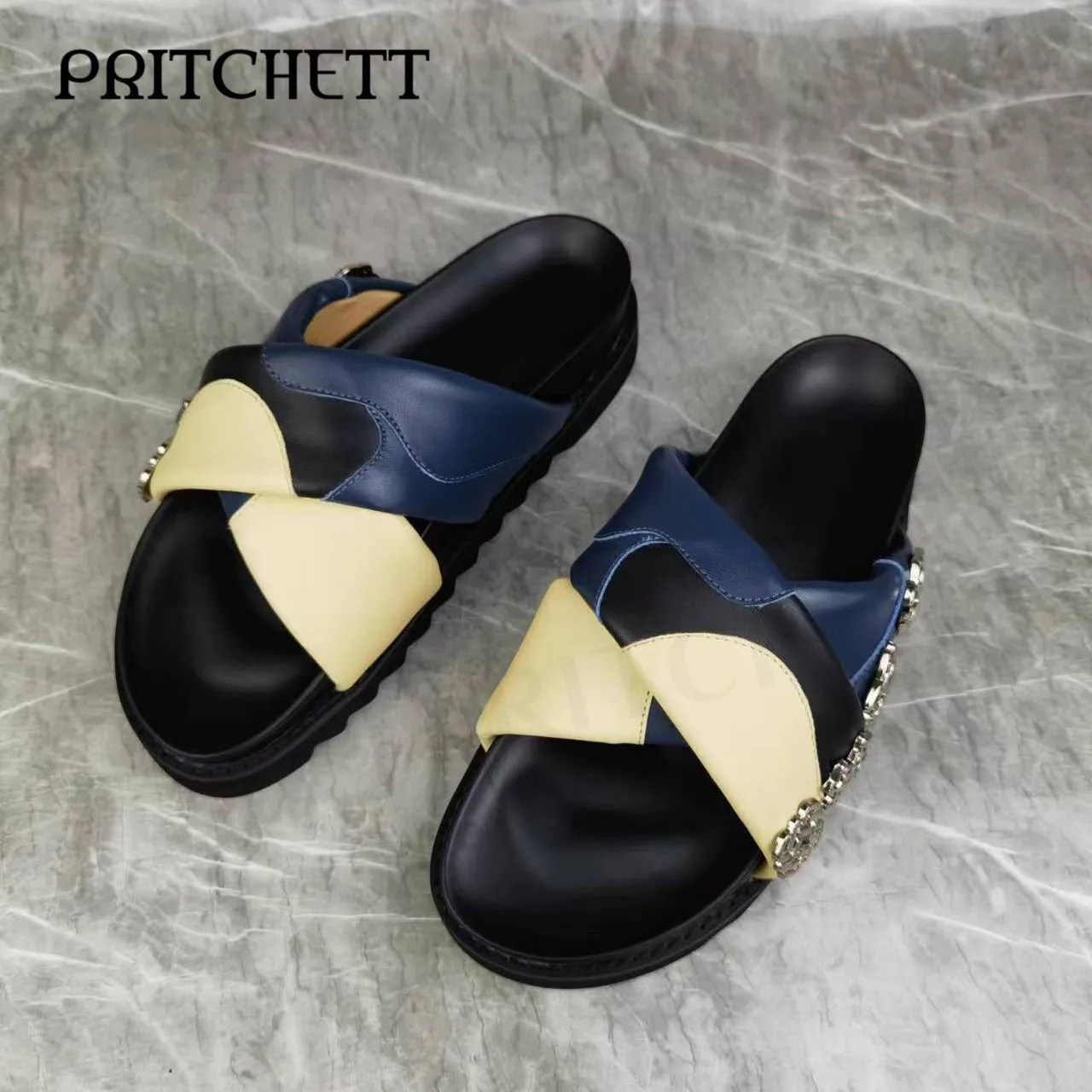 Silver Metal Buckle Platform Slippers Color Matching Cross Strap Open Toe Round Toe Slipper Fashion Casual Women's Shoes