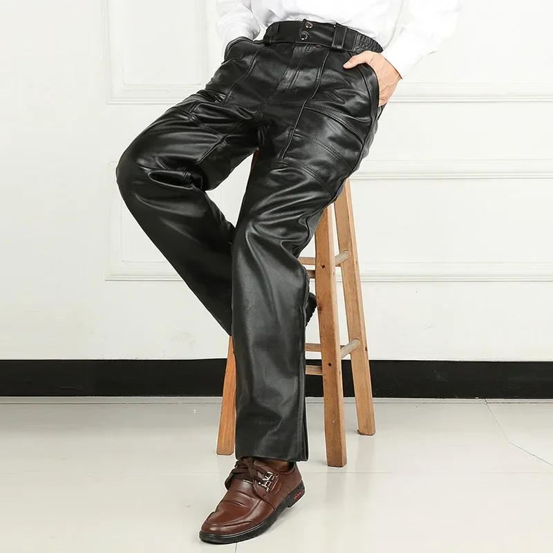 Men's Leather Top Layer Cowhide Warm Motorcycle Leather Pants Men's Outdoor High Waisted Windproof Motorcycle Pants