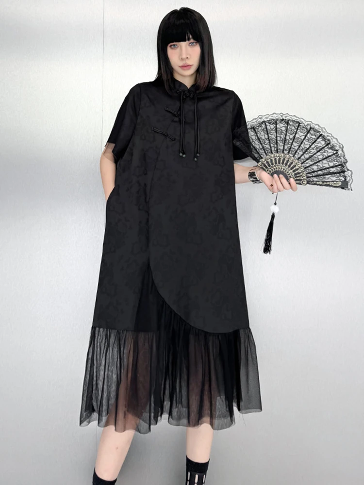 [EAM] Women Black Mesh Hem Big Size Vintage Dress New Stand Collar Sleeve Fashion Tide Spring Summer 2024 1DH6494 1DH6494